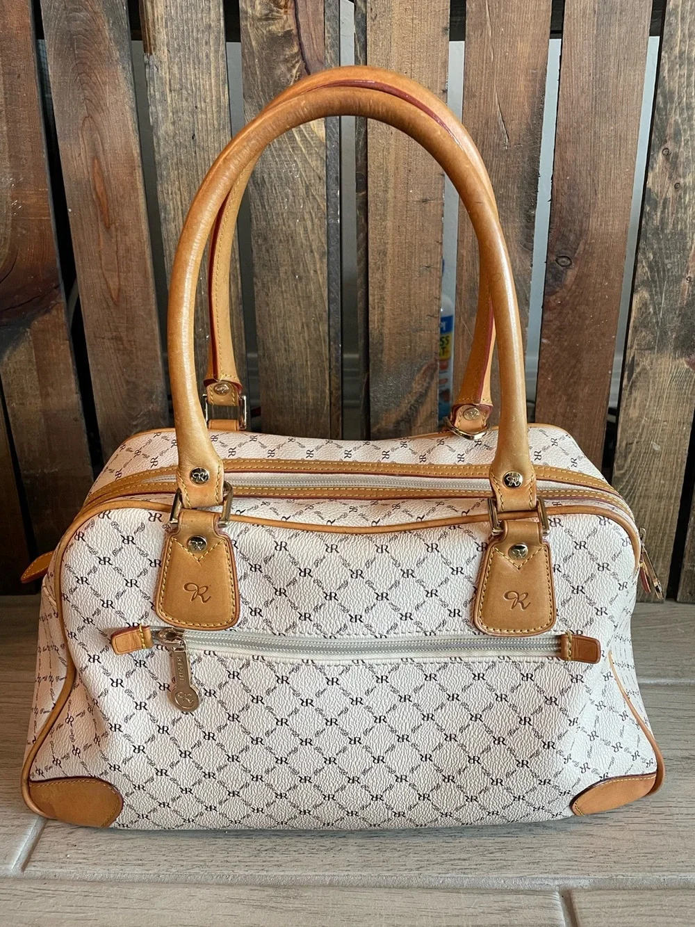 Rioni Cream & Tan Monogram Satchel with Wallet